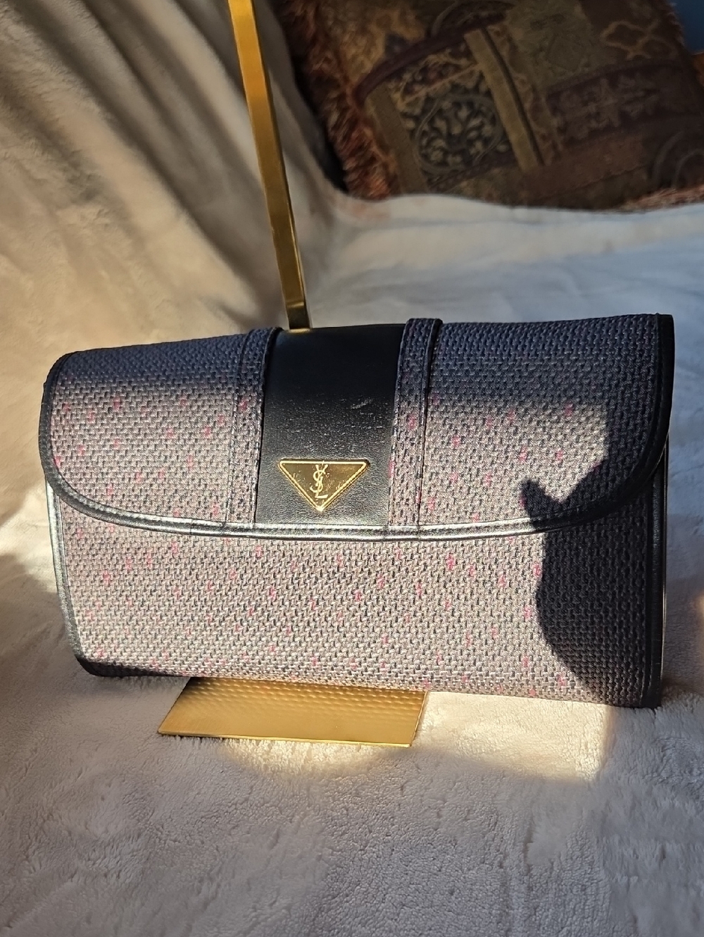 Yves Saint Laurent Navy Textured Shoulder Clutch with Gold YSL Accent